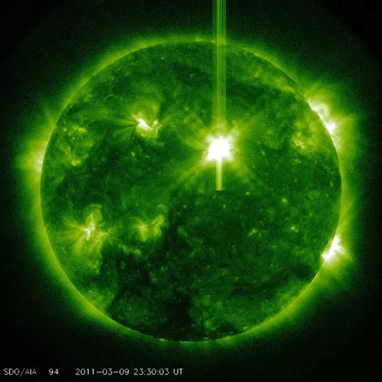 A solar flare at the moment of eruption, imaged at a wavelength of 94 ångströms | Credits: NASA/SDO/GSFC