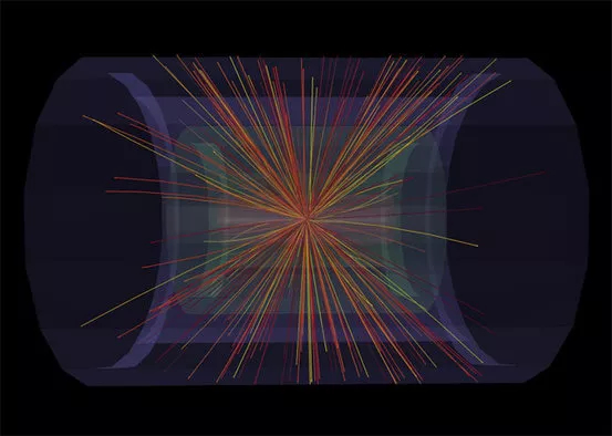 A reconstructed lead-nucleus collision recorded by the ALICE experiment at the Large Hadron Collider.
The experiment studies quark–gluon plasma, a state of matter that existed moments after the Big Bang | Credits: CERN