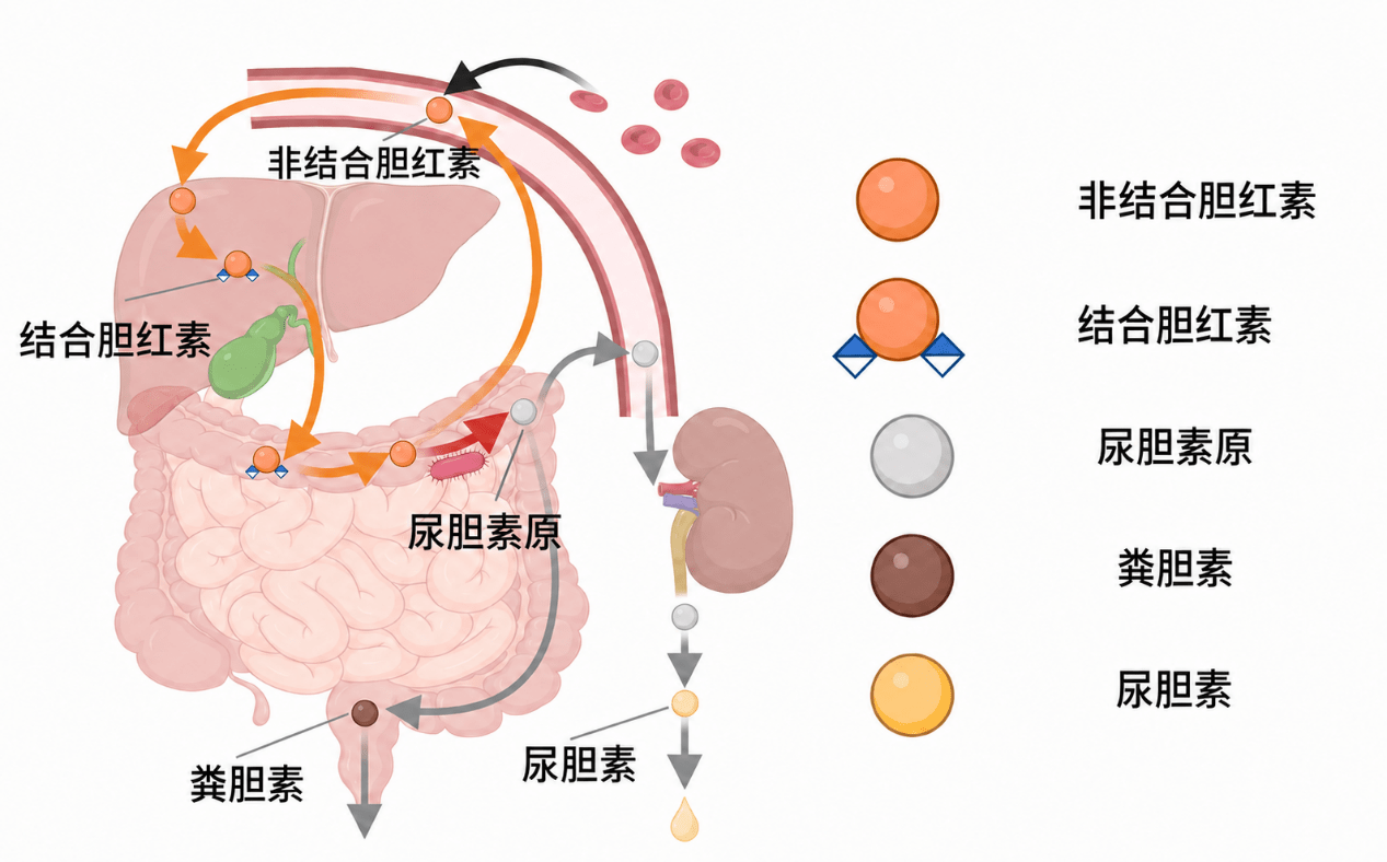 非结合胆红素、结合胆红素、尿胆素原、尿胆素和粪胆素之间的关系